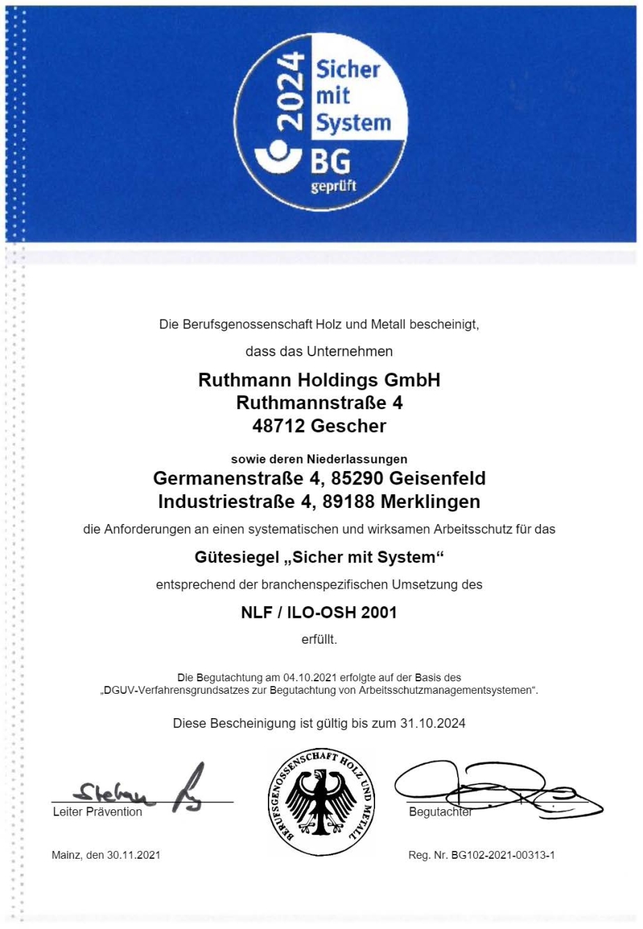 BG Gütesiegel Sicher mit System Ruthmann