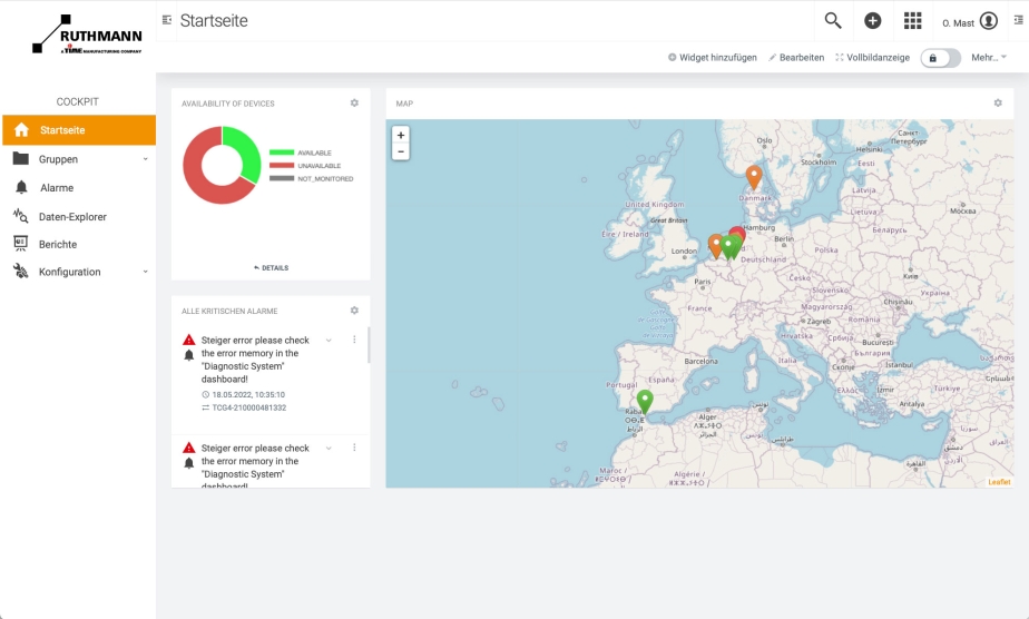 RTC Screenshot: Die Geo-Positionen der Arbeitsbühnen der Flotte können jederzeit eingesehen werden. 